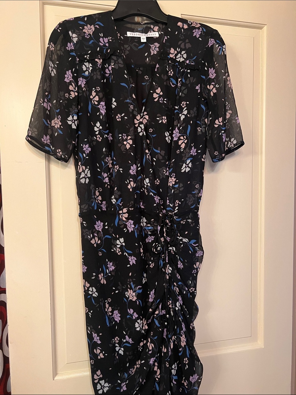Veronica Beard Black Floral Mariposa Ruched Short-Sleeve Dress Lined 2